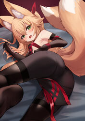  animal_ear_fluff animal_ears ass black_gloves black_pantyhose blonde_hair blush breasts elbow_gloves female fox_ears fox_girl fox_tail gloves green_eyes highres kokonoe_tsubaki long_hair looking_at_viewer lying multiple_tails on_side open_mouth original pantyhose pelvic_curtain small_breasts solo tail two_tails yoshizawa_tsubaki 