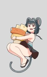  absurdres animal_ears aqua_nails ass bare_legs bracelet breasts cheese cheese_wheel female flip-flops food full_body grey_background grey_hair guppydesu highres jewelry legs medium_breasts miniskirt mouse_(animal) mouse_ears mouse_tail nail_polish nazrin necklace no_panties open_mouth pendant red_eyes sandals short_hair sideboob simple_background skirt solo swiss_cheese tail teeth thighs toenail_polish toenails toes touhou upper_teeth_only 