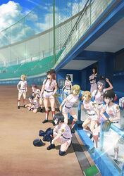  6+girls ball baseball_cap baseball_helmet baseball_jersey baseball_mitt baseball_uniform black_hair blonde_hair blue_sky blunt_bangs bow brown_hair cloud commentary_request day fence fujii_kyouka fujita_risa fujita_sumire glasses hair_ornament hairbow hairclip hat helmet high-waist_shorts highres holding holding_ball jersey kawaguchi_ibuki kawaguchi_yoshino kawasaki_ryou key_visual kneehighs long_hair multiple_girls nakamura_nozomi_(tamayomi) net official_art okada_rei oomura_shiragiku outdoors promotional_art shin_guards short_hair short_sleeves shorts sitting sky socks sportswear stadium standing sunlight takeda_yomi tamayomi thighs yamazaki_tamaki 