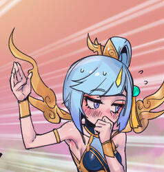  arm_up bare_shoulders blue_eyes blush breasts commentary covering_own_mouth female flying_sweatdrops hair_rings hand_over_own_mouth hand_up league_of_legends lowres lunar_empress_lux lux_(league_of_legends) medium_breasts multicolored_background official_alternate_costume phantom_ix_row shiny_skin short_hair solo sweat symbol-only_commentary 