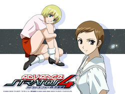  2girls anette_kerry blonde_hair blue_eyes brown_eyes brown_hair crotch_seam knees_up kubo_chizuru mary_janes multiple_girls official_art official_wallpaper panties pantyshot red_skirt shirt shoes short_hair simple_background sitting skirt smile socks space stratos_4 underwear white_legwear white_panties white_shirt yamauchi_noriyasu 