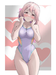  blush breasts brown_eyes cleavage commentary_request competition_swimsuit covered_navel cowboy_shot female highleg highleg_swimsuit highres large_breasts looking_at_viewer mashinatsu nose_blush one-piece_swimsuit original pink_hair purple_one-piece_swimsuit short_hair solo swimsuit thigh_gap 