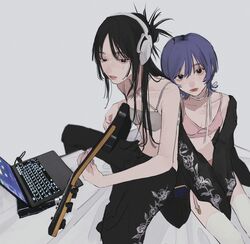  2girls between_legs black_eyes black_hair black_pants computer guitar hand_between_legs headphones highres holding holding_instrument instrument jacket laptop leaning_on_person long_hair looking_at_viewer midriff multiple_girls music original pants parted_lips playing_instrument purple_hair short_hair sitting tami_moon 