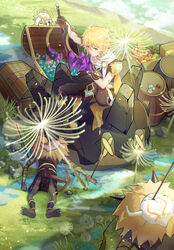  1boy absurdres aether_(genshin_impact) arrow_(projectile) baguette barrel blonde_hair box bread cape celery chen_clear closed_eyes cloud cocktail cocktail_glass cocktail_umbrella cup dandelion drinking_glass earrings female flower food gem genshin_impact gloves hair_between_eyes hair_ornament halo highres hilichurl_(genshin_impact) jewelry paimon_(genshin_impact) scarf short_hair sky sword treasure treasure_chest tropical_drink vegetable weapon white_hair yellow_eyes 