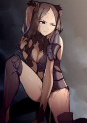  absurdres animal_ears armor breasts brown_eyes brown_fur brown_hair cleavage closed_mouth commission female fire_emblem fire_emblem_awakening hair_around_ear highres long_hair looking_to_the_side one_eye_closed panne_(fire_emblem) pixiv_commission rabbit_ears rabbit_girl rindoriko shoulder_armor solo taguel 