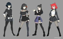  4girls absurdres asymmetrical_gloves asymmetrical_legwear belt bespectacled bishoujo_senshi_sailor_moon black_gloves black_hair blue_eyes boots choker closed_mouth commentary company_connection crossover diooksan english_commentary erica_mendez fishnet_pantyhose fishnets full_body garter_straps glasses gloves goth_fashion half_gloves hand_on_own_hip henshin_pose highres holding holding_phone kagari_atsuko kill_la_kill kiryuuin_satsuki lineup little_witch_academia long_hair looking_at_viewer matoi_ryuuko mismatched_gloves multicolored_hair multiple_crossover multiple_girls pantyhose phone pose punk red_eyes red_hair shiny_chariot short_hair smile standing streaked_hair thigh_boots thighhighs trigger_(company) tsuki_ni_kawatte_oshioki_yo uneven_legwear voice_actor_connection 