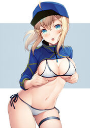  :o ahoge aqua_eyes artoria_pendragon_(all) bangs banned_artist baseball_cap bikini black_ribbon blonde_hair blue_headwear blush breast_hold breasts cleavage commentary_request contrapposto cowboy_shot eyebrows_visible_through_hair fate/grand_order fate_(series) female hat kyoeiki long_hair long_sleeves looking_at_viewer medium_breasts mysterious_heroine_xx_(foreigner) navel open_mouth ponytail ribbon shrug_(clothing) side-tie_bikini sidelocks skindentation solo stomach swimsuit thigh_strap two-tone_background white_bikini zipper_pull_tab 