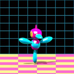  3d animal_focus animated animated bird black_background checkered_floor commentary cortoony english_commentary falling floating full_body jumping no_humans pokemon pokemon_(creature) porygon-z shadow solo yellow_eyes 