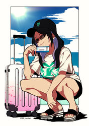  baseball_cap black_hair black_hat black_shorts border breasts cloud colored_inner_hair female hat kson kson_(person) large_breasts long_hair looking_at_viewer luggage_tag multicolored_hair n_gyou real_life rolling_suitcase sandals shirt shorts smile solo squatting suitcase sun sunglasses twitter_username white_border white_footwear white_shirt 