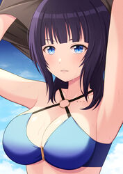  arms_up asaka_karin bare_arms bare_shoulders bikini blue_bikini blue_eyes blue_sky blunt_bangs breasts brown_shirt cleavage clothes_lift cloud collarbone commentary_request criss-cross_halter day female halterneck highres ichiban577 large_breasts lifting_own_clothes light_blush looking_at_viewer love_live! love_live!_nijigasaki_high_school_idol_club medium_hair o-ring o-ring_bikini o-ring_top outdoors parted_bangs purple_hair shirt shirt_lift sky solo swimsuit undressing upper_body 