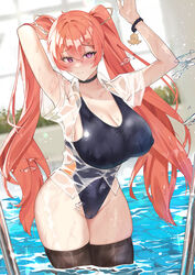  absurdres black_choker black_one-piece_swimsuit black_thighhighs breasts choker collarbone commission covered_nipples fang_qiao female hair_between_eyes highres large_breasts long_hair looking_at_viewer mirolive one-piece_swimsuit pink_eyes pool red_hair solo swimsuit tabasuko_(mirolive) thighhighs thighs twintails virtual_youtuber wading water wet 