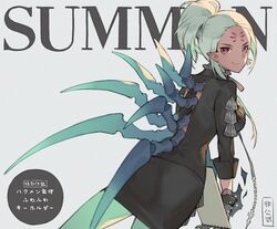  arachne_(housamo) arthropod_girl arthropod_limbs asymmetrical_hair bright_pupils collar dark-skinned_female dark_elf dark_skin earrings elf extra_eyes female formal frilled_collar frills gloves green_legwear jewelry pencil_skirt pink_eyes pointy_ears ponytail print_gloves skirt skirt_suit smile solo spider_girl suit tokyo_afterschool_summoners zhuzi 