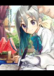  1boy absurdres admiral_(kancolle) blue_bow blue_bowtie blue_hair blurry blush bow bowtie closed_mouth collared_shirt colored_inner_hair commentary_request curtains depth_of_field dress female food fruit gloves gradient_hair grey_hair hair_between_eyes hat highres indoors ink_stamp jewelry kantai_collection kawakami_rokkaku kiyoshimo_(kancolle) letterboxed long_hair long_sleeves multicolored_hair nib_pen_(object) pen purple_eyes ring school_uniform shirt sleeveless sleeveless_dress smile solo_focus table translated tray two-tone_hair watermelon watermelon_seeds watermelon_slice wedding_ring white_gloves white_shirt window wing_collar writing 