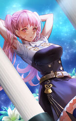  arms_up belt black_dress breasts chibi_vanille commentary cowboy_shot dress female fire_emblem fire_emblem:_three_houses garreg_mach_monastery_uniform highres hilda_valentine_goneril large_breasts long_hair looking_at_viewer parted_lips pink_eyes pink_hair shirt short_dress short_sleeves solo standing twintails white_shirt 