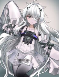  absurdres ahoge bandage_over_one_eye bare_shoulders detached_sleeves dress female flat_chest green_eyes grey_background highres long_hair mochigana no.21:_xxi_(punishing:_gray_raven) no.21_(punishing:_gray_raven) punishing:_gray_raven sleeves_past_fingers sleeves_past_wrists solo very_long_hair white_dress white_hair 