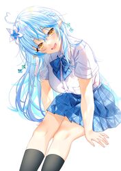  :d absurdres ahoge aogami_high_school_uniform bad_id bad_twitter_id black_socks blue_bow blue_bowtie blue_hair blue_skirt blush bow bowtie braid collared_shirt colored_tips commentary_request elf female flower hair_between_eyes hair_flower hair_ornament half_updo head_tilt heart heart_ahoge highres hololive hololive_error invisible_chair kneehighs long_hair looking_at_viewer multicolored_hair plaid plaid_bow plaid_bowtie plaid_skirt pointy_ears school_uniform shirt simple_background sitting skirt smile socks solo streaked_hair teltelhousi twitter_username very_long_hair virtual_youtuber white_background white_flower white_shirt yellow_eyes yukihana_lamy 