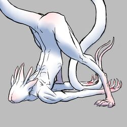  1:1 absurd_res ambiguous_gender antennae_(anatomy) anthro ass ass_up clawed_fingers claws fingerpads forked_tail hi_res ishmael_(core34) monster pawpads raised_tail solo tail thecore34 toe_claws unusual_anatomy unusual_tail white_body white_skin 