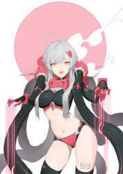  ahoge bad_id bad_pixiv_id bikini black_bikini black_thighhighs dripping female grey_hair highres huang_(volt0526) looking_at_viewer mecha_musume navel oerba_yun_fang open_mouth original puppet_strings red_bikini revision science_fiction skin_fang smile smoke solo stomach swimsuit tentacle thighhighs tube yellow_eyes 