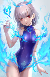  bare_shoulders blue_fire blue_one-piece_swimsuit blush breasts covered_navel earrings fate/grand_order fate_(series) female fire grey_hair highleg highleg_swimsuit highres ironatsuki jewelry kama_(fate) kama_(swimsuit_avenger)_(fate) kama_(swimsuit_avenger)_(third_ascension)_(fate) looking_at_viewer one-piece_swimsuit red_eyes short_hair small_breasts smile solo star_(symbol) star_earrings swimsuit thighs tongue tongue_out 