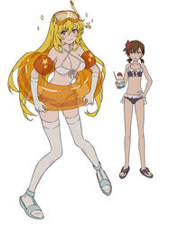  2girls absurdres bikini blonde_hair breasts bright_pupils brown_eyes brown_hair cleavage closed_mouth commentary flower full_body gloves goggles goggles_on_head hair_flower hair_ornament highres holding innertube large_breasts long_hair misaka_mikoto multiple_girls parted_lips sandals shokuhou_misaki simple_background smile sparkle sparkling_eyes star-shaped_pupils star_(symbol) swim_ring swimsuit symbol-shaped_pupils teruya_(6w6y) thighhighs toaru_kagaku_no_mental_out toaru_kagaku_no_railgun toaru_majutsu_no_index very_long_hair white_background white_bikini white_gloves white_thighhighs yellow_pupils 