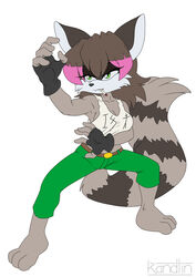  3_toes 5_fingers action_pose anthro barefoot breasts brown_hair cigarette clothed clothing emily_(wcp) feet female fingerless_gloves fingers fur gloves green_eyes grey_body grey_fur hair handwear hi_res kandlin mammal pose procyonid raccoon shirt simple_background smoking solo tank_top toes topwear white_background 