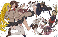  1boy 6+girls :d absurdres arm_sling arms_around_waist asymmetrical_docking beret black_hair blazer blonde_hair blue_headwear blue_serafuku blush bouncing_breasts bow bowtie breast_press breasts bright_pupils brown_eyes brown_footwear brown_hair brown_jacket closed_eyes closed_mouth coin colored_skin commentary_request confetti dark-skinned_female dark_skin dolly_(toaru_kagaku_no_railgun) doppelganger_(toaru_kagaku_no_railgun) emblem flower flower_wreath frenda_seivelun gloves hair_between_eyes hair_flower hair_ornament hairbow hat head_wreath highres holding holding_coin hug iizumi_rita jacket kouzaku_mitori kuriba_ryouko large_breasts loafers long_hair long_sleeves looking_at_another looking_at_viewer mask medium_hair miniskirt misaka_mikoto mouth_mask multicolored_hair multicolored_skin multiple_girls neckerchief necktie nurse_cap open_mouth parted_bangs plaid plaid_skirt pleated_skirt red_bow red_bowtie red_skirt sailor_collar sakugawa_school_uniform sakuragi_naruha saten_ruiko school_emblem school_uniform seike_taroumaru serafuku shirai_kuroko shoes shokuhou_misaki short_hair siblings sidelocks sisters skirt smile socks star-shaped_pupils star_(symbol) surgical_mask sweatdrop symbol-shaped_pupils teruya_(6w6y) thighhighs toaru_kagaku_no_railgun toaru_kagaku_no_railgun_t toaru_majutsu_no_index tokiwadai_school_uniform twintails uiharu_kazari very_long_hair waist_hug white_background white_bow white_gloves white_hair winter_uniform wreath yakumaru_itsuki yellow_pupils yumiya_rakko zettai_ryouiki 