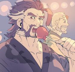  2boys ahoge alternate_costume bara beard blue_hair blue_kimono candy_apple collarbone commentary daikoku_(housamo) dark_blue_hair eating facial_hair food forked_eyebrows hat hogen_(housamo) japanese_clothes kimono male_focus mature_male medium_hair moustache multicolored_hair multiple_boys muscular muscular_male mutton_chops old old_man open_mouth orange_eyes pectorals rybiok short_hair sideburns stubble symbol-only_commentary thick_eyebrows tokin_hat tokyo_afterschool_summoners two-tone_hair white_hair 