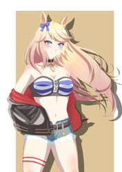  absurdres animal_ears bandeau bare_shoulders belt black_belt black_choker black_jacket blonde_hair blue_bow blue_eyes blush bow breasts choker cleavage commentary cowboy_shot cutoffs denim denim_shorts drop_shadow female gold_city_(umamusume) hairbow hand_in_pocket highres horse_ears jacket long_hair looking_at_viewer midriff navel obosounds off_shoulder open_clothes open_jacket short_shorts shorts small_breasts smile solo standing stomach strapless striped_bandeau swept_bangs thigh_strap thighs tube_top umamusume very_long_hair 