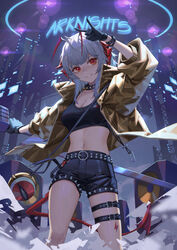  ambience_synesthesia amplifier antennae areaaaron arknights belt black_belt black_shorts black_tank_top breasts brown_jacket cleavage collar female grey_hair grin hand_up highres holding jacket korean_commentary large_breasts leg_belt looking_at_viewer medium_hair midriff navel neon_lights official_alternate_costume open_clothes open_jacket red_eyes short_shorts shorts smile solo spiked_belt spiked_collar spikes standing tank_top w_(arknights) w_(cannot_wait_for)_(arknights) 