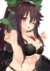  ;p absurdres bare_arms bare_shoulders between_breasts bikini black_bikini black_wings blush bow breasts brown_hair duplicate female fingernails green_bow hairbow highres large_breasts long_hair looking_at_viewer navel niseneko_(mofumofu_ga_ienai) o-ring o-ring_bikini o-ring_top one_eye_closed pixel-perfect_duplicate red_eyes reiuji_utsuho simple_background solo strapless strapless_bikini swimsuit third_eye tongue tongue_out touhou upper_body white_background wings 