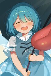  :d ^_^ blue_hair blue_skirt blue_vest closed_eyes commentary cross-laced_clothes facing_viewer female hair_between_eyes highres holding holding_umbrella karakasa_obake open_mouth piyodesu saliva see-through see-through_sleeves shirt short_hair short_sleeves skirt smile solo standing tatara_kogasa tongue touhou umbrella vest white_shirt 