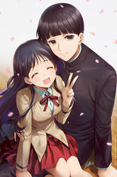  1boy black_hair blazer breasts brown_jacket closed_eyes closed_mouth couple dress female gakuran grey_eyes hug jacket karasuma_ooji kaze-hime long_hair looking_at_viewer open_mouth petals pleated_dress red_ribbon red_skirt ribbon school_rumble school_uniform short_hair short_twintails signature sitting sitting_on_lap sitting_on_person skirt small_breasts smile straight tsukamoto_tenma twintails two_side_up 