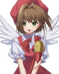  antenna_hair bow bowtie brown_hair cardcaptor_sakura collar commentary dress female frilled_collar frilled_sleeves frills fuuin_no_tsue green_eyes hair_intakes hat highres kinomoto_sakura light_blush looking_at_viewer medium_hair open_mouth own_hands_together puffy_short_sleeves puffy_sleeves red_bow red_bowtie red_dress red_hat round_teeth shimizu_tomoki shirt short_sleeves simple_background solo staff teeth upper_teeth_only v-shaped_eyebrows white_background white_bow white_shirt white_wings wings 