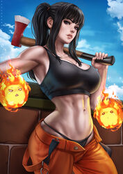  armpits artist_name axe black_hair black_panties black_tank_top blue_sky breasts brick_wall cloud collarbone colored_skin crop_top curvy dandon_fuga day en&#039;en_no_shouboutai eyebrows_hidden_by_hair female fire fireball highres large_breasts leaning_on_object linea_alba long_hair looking_at_viewer maki_oze midriff muscular muscular_female navel open_fly orange_pants panties pants parted_lips ponytail purple_eyes sidelocks sky suspenders tank_top unbuttoned underwear white_skin wide_hips 