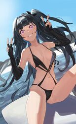  architect_(girls&#039;_frontline) architect_(nvw_model)_(girls&#039;_frontline) black_gloves black_hair black_one-piece_swimsuit blue_sky breasts day double_v elbow_gloves female fingerless_gloves girls&#039;_frontline gloves grin had_(had314) highres long_hair looking_at_viewer medium_breasts navel official_alternate_costume one-piece_swimsuit one_side_up outdoors purple_eyes rock sangvis_ferri sitting sitting_on_rock sky smile solo swimsuit v 