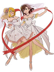  2girls absurdres blonde_hair blush bow breasts bridal_veil bride bright_pupils brown_eyes brown_hair commentary_request dress elbow_gloves gloves highres jewelry large_breasts long_hair medium_hair misaka_mikoto multiple_girls necklace red_ribbon ribbon shokuhou_misaki small_breasts sparkling_eyes strapless strapless_dress sweatdrop symbol-shaped_pupils teruya_(6w6y) toaru_kagaku_no_mental_out toaru_kagaku_no_railgun toaru_majutsu_no_index veil wedding_dress white_background white_dress wife_and_wife yellow_pupils yuri 