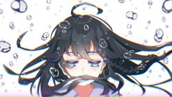  air_bubble bad_id bad_pixiv_id black_hair blue_eyes braid bubble female guitaro_(yabasaki_taro) highres izumo_kasumi_(nijisanji) long_hair mole mole_under_eye nijisanji solo underwater virtual_youtuber white_background 