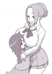  2girls alternate_breast_size anna_(watamote) blazer blush bow bowtie breasts collared_shirt forehead glomp hug huge_breasts jacket kakuzatou_(satousatotototo) kuroki_tomoko long_hair long_sleeves looking_at_another monochrome multiple_girls open_mouth pleated_skirt school_uniform shirt skirt surprised sweatdrop uniform watashi_ga_motenai_no_wa_dou_kangaetemo_omaera_ga_warui! yuri 