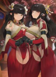  2girls black_gloves black_hair blunt_bangs blush breasts cleavage closed_mouth commentary cowboy_shot fewer_digits gloves hair_ornament hakama hakama_skirt highres hinoa hood_(james_x) japanese_clothes jewelry kimono large_breasts long_hair long_sleeves looking_at_viewer minoto monster_hunter_(series) monster_hunter_rise multiple_girls necklace obi pointy_ears red_hakama sash siblings sidelocks sisters skirt smile standing twins underboob white_kimono wide_sleeves yellow_eyes 