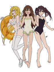  3girls :d :o ^_^ absurdres bare_legs bare_shoulders barefoot bikini black_eyes blonde_hair bouncing_breasts breasts bright_pupils brown_hair casual_one-piece_swimsuit closed_eyes commentary_request covered_navel dolly_(toaru_kagaku_no_railgun) feet full_body gloves hair_between_eyes happy highres holding_hands innertube interlocked_fingers kouzaku_mitori large_breasts liquid liquid_metal long_hair medium_breasts metal multiple_girls navel one-piece_swimsuit open_mouth print_bikini psychic sandals school_swimsuit shokuhou_misaki side-tie_bikini_bottom simple_background small_breasts smile sparkling_eyes spider_web_print swim_ring swimsuit symbol-shaped_pupils teruya_(6w6y) thighhighs toaru_kagaku_no_railgun toaru_kagaku_no_railgun_t toaru_majutsu_no_index twintails very_long_hair white_background white_bikini white_gloves yellow_pupils 