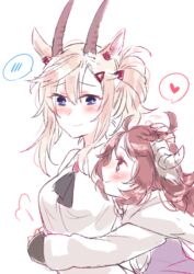  2girls animal_ears arknights ascot blue_eyes blush breasts brown_eyes brown_hair curled_horns earthspirit_(arknights) earthspirit_(elite_ii)_(arknights) elite_ii_(arknights) eyjafjalla_(arknights) goat_ears goat_girl goat_horns heart height_difference highres horns hug multiple_girls naoi_retsu platinum_blonde_hair sheep_girl sheep_horns yuri 