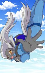  breasts cleavage clothed clothing cloud day digital_media_(artwork) female happy hi_res mastergodai midair parachute sky skydiving skye_diver solo 