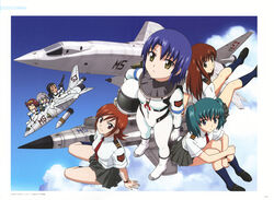  6+girls absurdres aircraft airplane aoki_kiriko artbook black_hair blue_eyes blush bodysuit braid breasts brown_eyes brown_hair chibi cloud copyright_name day doi_shizuha fighter_jet green_hair grey_skirt headband highres honjou_mikaze jet kikuhara_karin long_hair looking_at_viewer medium_breasts meteor_sweepers_uniform military military_vehicle multiple_girls nakamura_ayamo necktie ninomiya_mana official_art open_mouth orange_hair outdoors pilot_helmet pilot_suit red_hair red_necktie scan school_uniform science_fiction shirt shoes short_hair skirt sky small_breasts smile socks stratos_4 tachibana_mirei twintails uniform white_bodysuit white_shirt yamauchi_noriyasu 