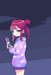  black_bow black_choker bow braid candy_print cellphone choker closed_mouth denonbu double_bun female from_side grey_background hair_bun hairbow holding holding_phone hood hood_down hoodie inubousaki_shian jaggy_lines long_hair long_sleeves looking_at_viewer nyaromeron phone pill_print purple_eyes purple_hair purple_hoodie smartphone solo standing twin_braids 