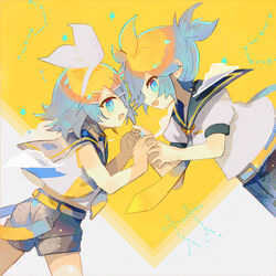  1boy belt black_shorts blonde_hair blue_eyes bow brother_and_sister collared_shirt commentary constellation face-to-face female floating gemini_(constellation) gemini_(vocaloid) gemini_(zodiac) hair_ornament hairbow hairclip holding_hands kagamine_len kagamine_rin looking_at_another neckerchief necktie oerba_yun_fang open_mouth sailor_collar shirt short_ponytail short_shorts short_sleeves shorts siblings sleeveless sleeveless_shirt smile soriku spiked_hair swept_bangs twins vocaloid white_bow white_shirt yellow_neckerchief yellow_necktie zodiac 