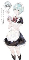  alternate_costume apron blue_hair blush bow dobble enmaided female frills highres houkago_saikoro_club kneehighs looking_at_viewer maid maid_headdress puffy_short_sleeves puffy_sleeves red_bow short_hair short_sleeves socks solo takekasa_miki yoruneko_yashiro 