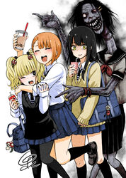  4girls absurdres bad_teeth bag black_eyes black_hair black_nails black_pantyhose black_socks blonde_hair blue_skirt blush bracelet bubble_tea carton closed_eyes collar collared_shirt commentary_request decay drink drinking_straw ghost hair_bobbles hair_ornament hairclip happy height_difference highres hug hug_from_behind izumi_(toubun_kata) jewelry juice_box kneehighs long_hair long_neck medium_hair mieruko-chan miniskirt monster multiple_girls mushroom necktie niguredou_julia official_art one_eye_closed open_mouth orange_hair pantyhose pleated_skirt scared school_bag school_uniform serafuku shirt shoes short_hair shoulder_bag signature simple_background skirt sleeves_past_wrists sleeves_rolled_up socks spirit standing standing_on_one_leg sweater tears twintails vest white_background white_shirt yellow_eyes yotsuya_miko yurikawa_hana 