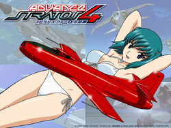  aircraft airplane bikini blue_eyes blue_sky breasts cleavage collarbone copyright_name day female green_hair hair_ornament honjou_mikaze looking_at_viewer lying medium_breasts medium_hair official_art official_wallpaper on_back sky solo stratos_4 swimsuit twintails vehicle_focus white_bikini yamauchi_noriyasu 