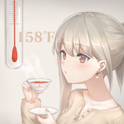  bad_id bad_pixiv_id blowing blush breasts brown_shirt collarbone commentary_request cup drum_(acta2436) earrings fingernails gradient_background grey_background highres holding holding_cup jewelry liquid-in-glass_thermometer long_sleeves nail_polish original partial_commentary partially_unbuttoned pink_nails red_eyes saucer shirt short_hair short_ponytail single_sidelock small_breasts steam tea teacup thermometer upper_body 