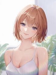  armpit_crease bare_arms bare_shoulders blue_eyes blurry blurry_background bowl_cut breasts brown_hair camisole chungla cleavage closed_mouth collarbone commentary depth_of_field eyelashes female hair_between_eyes head_tilt highres lens_flare looking_at_viewer medium_breasts original short_hair sleeveless smile solo spaghetti_strap symbol-only_commentary tree white_camisole 